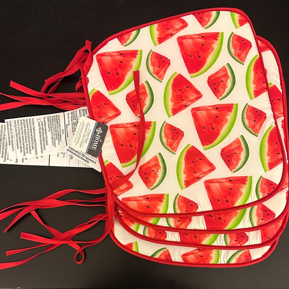4 Watermelon print square chair pads with rounded corners & tie straps